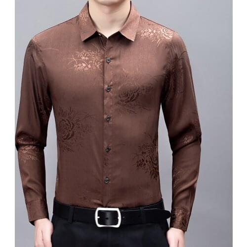 Spring Autumn Mens Silk Fashion Printing Long Sleeve Soft Silk Dress Shirt