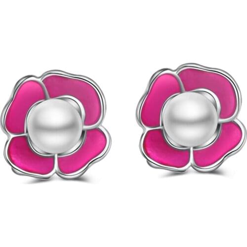 Wholesale Women Jewelry Trendy Girls Rose red Flower with Pearl Stud Earrings 925 Sterling Silver Earring Cute Bijoux