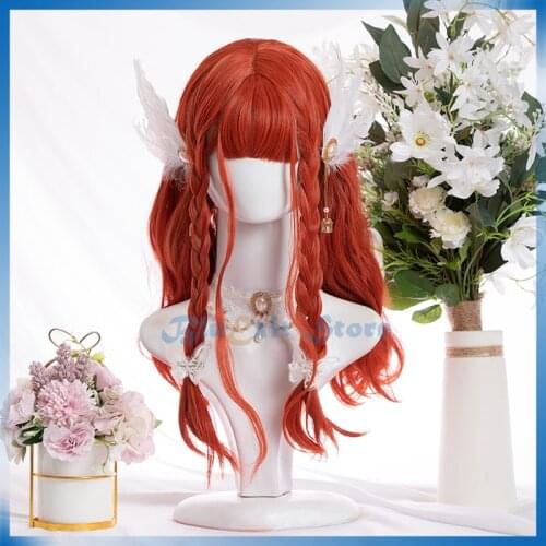 Orange Red Lolita Wig Harajuku Sakura Sweet 45cm Long Curly Synthetic Hair Fringe Bangs Adult Girls Pink Hair