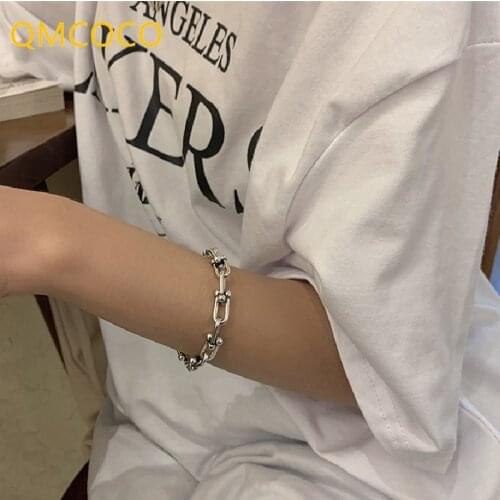 QMCOCO 925 Silver Thick Chain Bracelet New Trendy Hip-Hop Vintage Couples Party Jewelry Gifts U-Shape Punk Accessories
