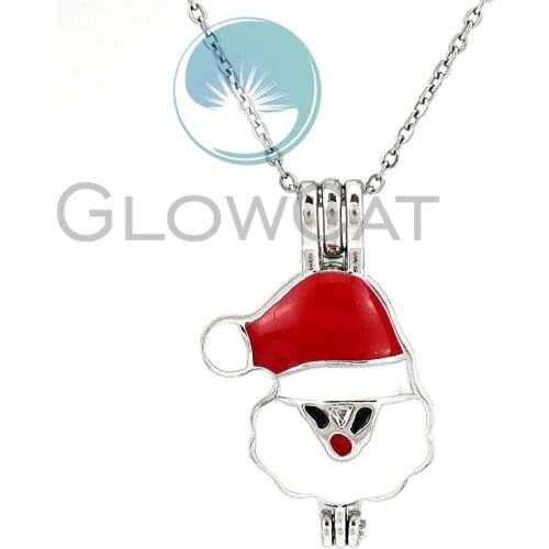 Christmas Santa Hat Red & White Enamel Beads Cage Locket Pendant Perfume Diffuser Pearl Cage Necklace KK1064