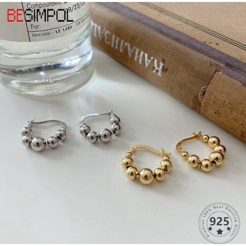 Besimpol 100% Real 925 Sterling Silver Hoop Earrings For Women Minimalist French Style Bead Earrings Wedding Party Fine Jewelry
