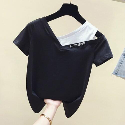 New V neck Short Sleeves Off shoulder T Shirt Top Female Tshirt Slim Women Fashion Graphic T-Shirt black t shirt y2k tops