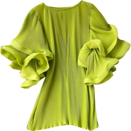 Womens Shirt Ins Design Sense Butterfly Sleeve Loose Pleated Female Summer Solid Tops 2021 New Tide Blouse