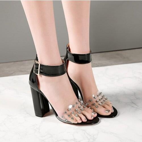 PXELENA 5 Candy Colors Women Sandals Transparent Patent Leather Rivet Chunky Block Square High Heels Sandals Lady Party Shoes