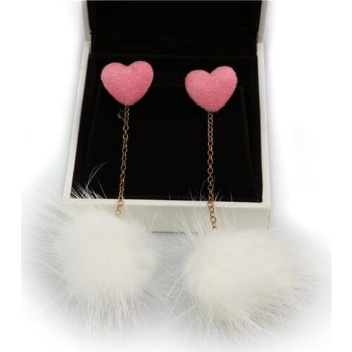 Womens Lovely Long Heart Fur Ball Tassel Earrings Party Jewelry Gift