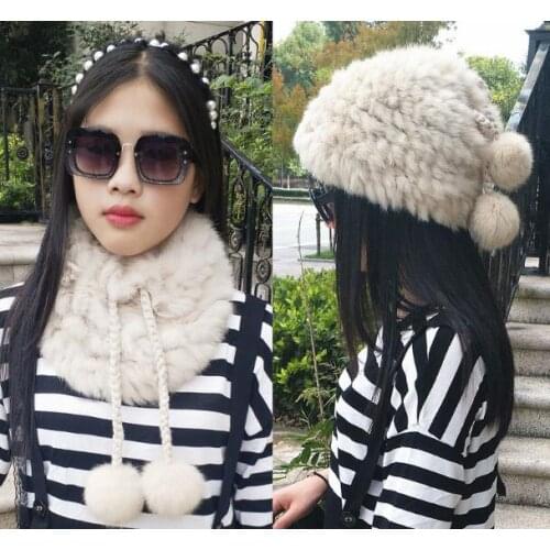 Womens natural rabbit fur knitted Hats girls winter thicken warm fashion cap fur ball scarf Skullies & Beanies TB381
