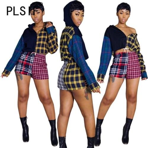 Women Fashion Plaid Print Outfits Full Sleeve Hoodies 2 Pieces Sporty Matching Set Female Tracksuits