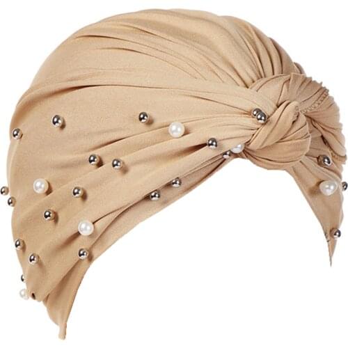 Womens Comfortable Turban Stretch Cross Headwrap Solid Color Beads Headwear