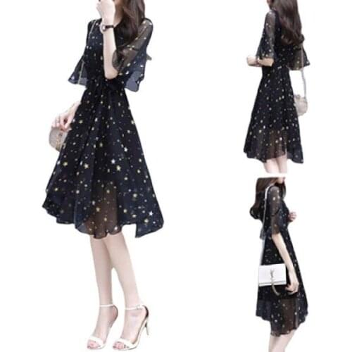 Short Sleeve Dress Womens Summer 2021 New Star Print Style Thin Reduction Half Sleeve Cool Wind Fairy Gentle Clothes