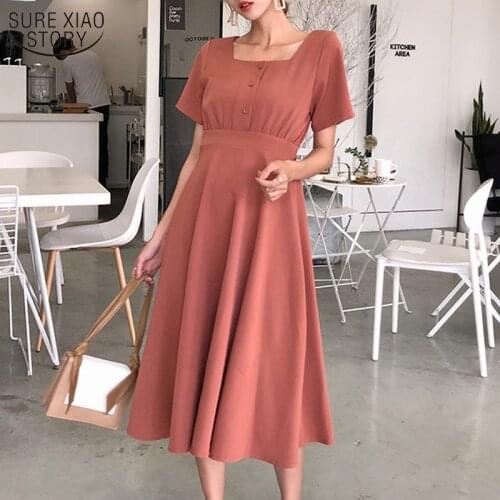 Korean Women Summer Dress Solid High Waist Square Collar Short Sleeve Dress for Women Casual Loose Maxi Dresses Vestido 14140