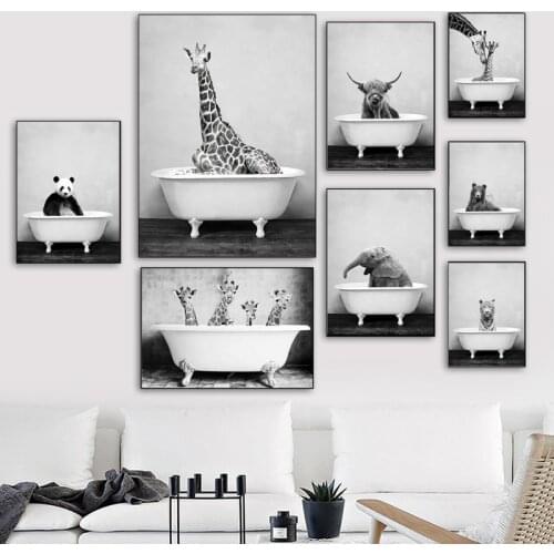 Animals Elephant Lion Panda Giraffe In The Bathtub Wall Art Canvas Painting Posters and Prints Wall Pictures for Room Decoration