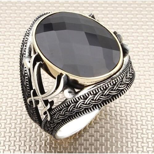 Big Oval Black Zircon Stone Men Silver Ring With Sword Motif Made in Turkey Solid 925 Sterling Silver