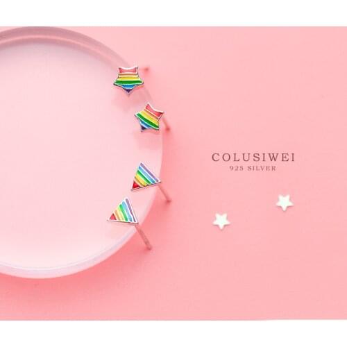 Colusiwei 100% 925 Sterling Silver Sweet Rainbow Star and Triangle Small Stud Earrings for Women Fashion Jewelry Cute Girls Gift