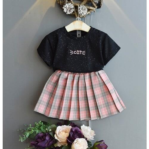 Kids Clothing 2021 Girls' Summer Suits The New Childrens Korean Sequins T-Shirt Plaid Pleated Skirt Two Pieces Fashion Trends
