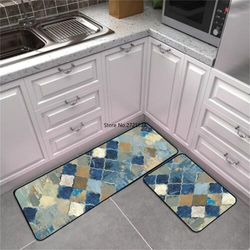 European Abstract Blue Geometric Printed Carpet Kitchen Home Moroccan Decor Bedroom Floor Mat Carpet