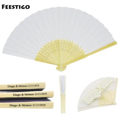 Feestigo Wholesale 100pcs Personalized Folding Silk Hand Fans Wedding Customized Printing Folded Fan Bridal Dance Wedding Favors
