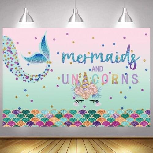 Little Mermaid Backdrop Unicorn Girls Kids Baby Shower Happy Birthday Party Decoration Photography Backgrounds Banner