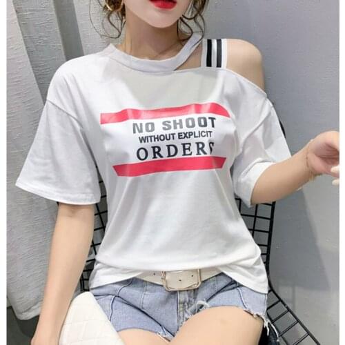 GGRIGHT Korean Style Letter Off The Shoulder Tops For Women T Shirt Femme Tshirt 2021 Summer Printing Women T-Shirt