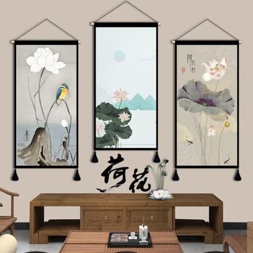 Chinese Peony Lotus Canvas Wall Paintings Art Vintage Home Office Decor Living Room Bedroom Scroll Painting Tapestry Decoration