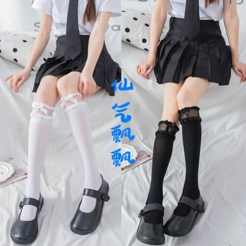 Lolita Lace Bow Calf Socks Velvet Girl Women Stocking Kawaii White Black Socks Lovely Cute Girl