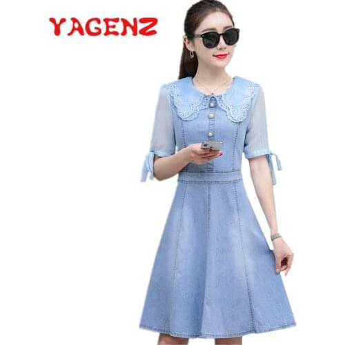 YAGENZ Fashion Woman Dress Lace Stitching Denim Dress Summer Clothes Vestidos Women Mini Jeans Dresses Single-breasted Dress 748