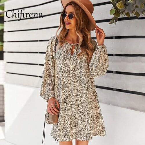 Chifirena 2021 Autumn Leopard Dress Woman Long Sleeve Party Dresses for women V Neck Casual Elegant kawaii vestidos robe femme