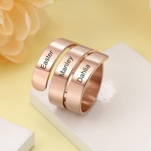 Personalized Engraved Names Spiral Twist Ring Stainless Steel Adjustable Stacking Rings for Women BBF Anniversary Gifts