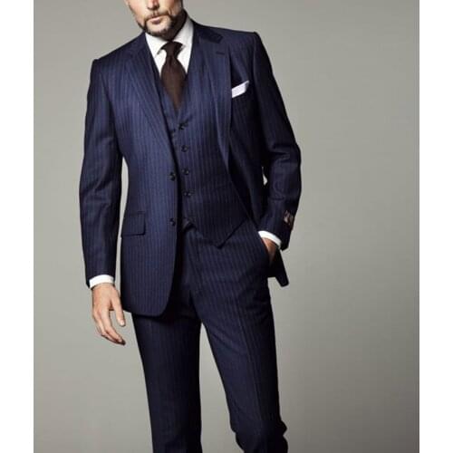 Jacket+Pants+Vest) Navy Blue Pinstrip 3 Piece Groom Tuexdos For Wedding Formal Prom Suit Party Evening Blazer Custom Made