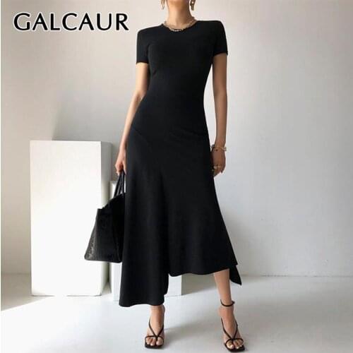 GALCAUR Solid Temperament Dress For Women O Neck Short Sleeve High Waist Asymmetrical Female Dresses Fashion New Clothing 2021