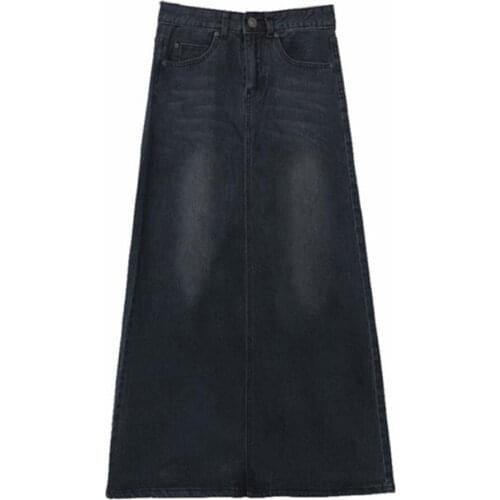 Vintage Casual Mid Waist Long Jean Skirts Womens 2021 Autumn Black Denim Maxi Skirt Female Saias Jeans Mujer