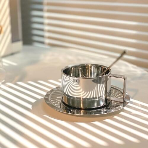 Nordic Industrial Style Stainless Steel Simple Coffee Cup Breakfast Mug Afternoon Tea Milk Cup With Dish Spoon Three-pieces Set