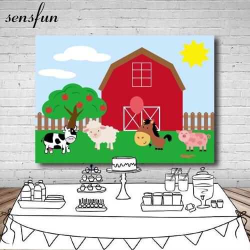 Sensfun Cartoon Farm Birthday Party Backdrop For Children Cow Pig Sheep Red Farmhouse Baby Shower Backgrounds 7x5FT Vinyl