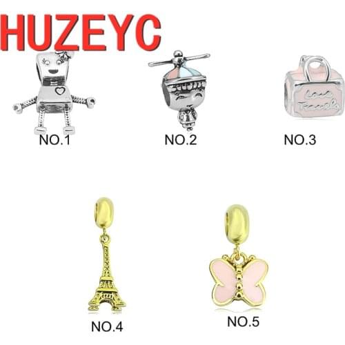 2pcs New Fit Original Pandora Charms Bracelet Silver Gold Color Bag Butterfly Robot Love Couple bead DIY Jewelry Making Berloque