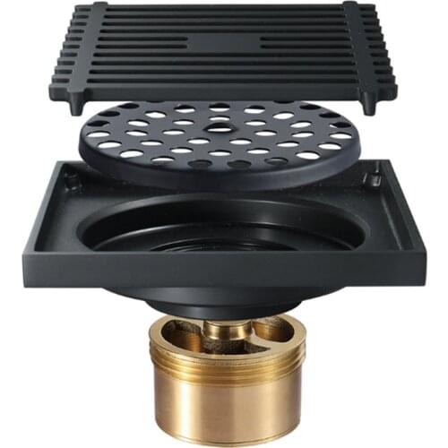 Shower Floor Drains Square Floor Drain Strainer 10X10cm Black All Copper Bath Drain Drainers Anti-Reflective Floor Drain