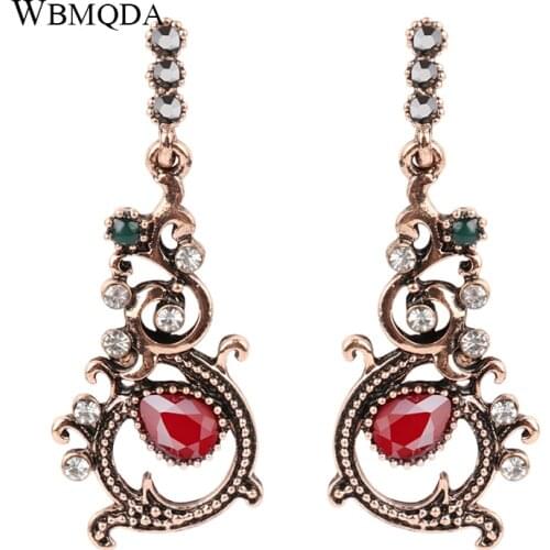 Wbmqda Turkish Jewelry Crystal Flower Earrings For Women Antique Gold Color Vintage Wedding Jewelry Party Gifts Drop Shipping