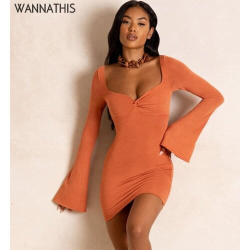 WannaThis Front Flare Sleeve Sexy Womens Mini Dresses Square-Neck Summer Light Dress Elegant Casual Bodycon Girls Dresses 2021