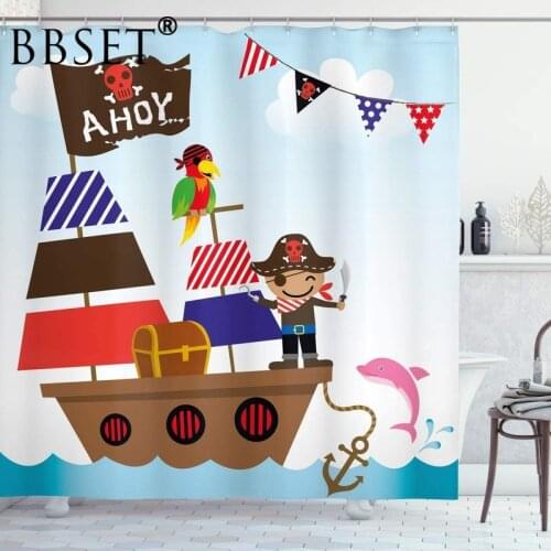 Its A Boy Shower Curtain Pirate Kids Treasure Chest with Ship Pattern Waterproof Multi-size Douchegordijn Kids Bathroom Decor