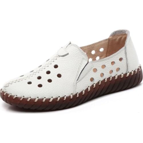 2021 White Black Hollowed Moccasins For Women Genuine Leather Flats Breathable Loafers Shoes Womens Soft Casual Flat Shoes Blue