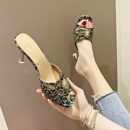 2020 Embroidery Summer Women High Heels Sandals Open-toepeep High Heels Ladies Sandals Personalized Rhinestone Stiletto Sandals