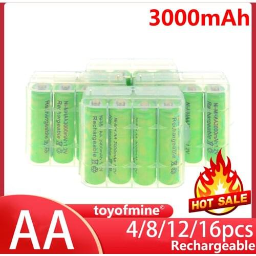 4/8/12/16pcs AA 3000mAh 1.2V Rechargeable Battery Cell Ni-MH Batteries cells for toys Green Color with Battery Storage Case Box