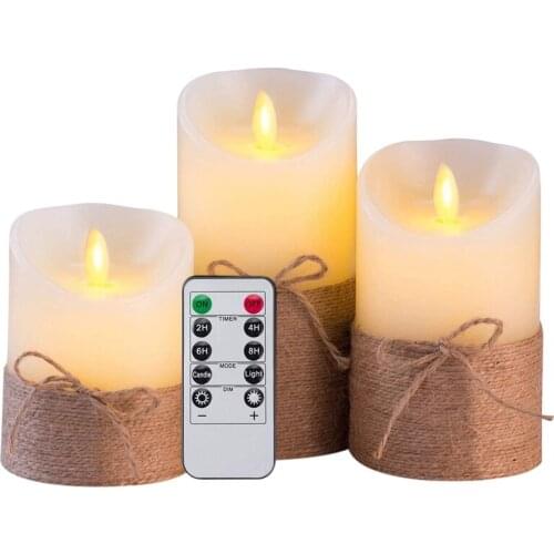 Flameless Candles Battery Operated Simulation Electric LED Candle Set with Remote Control and Timer, with Hemp Rope