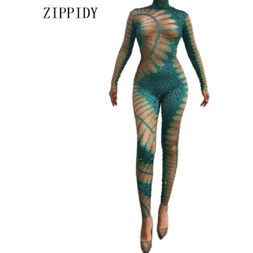 Flashing Rhinestones Green Nude Jumpsuit Sexy Stretch Dance Bodysuit Performance Party Celebrate Stage Show Costume Wear
