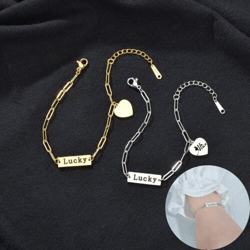 Engrave Heart Pendant Bracelets For Women Lucky Custom Name Letters Nameplated Personalized Stainless Steel Jewelry Gifts