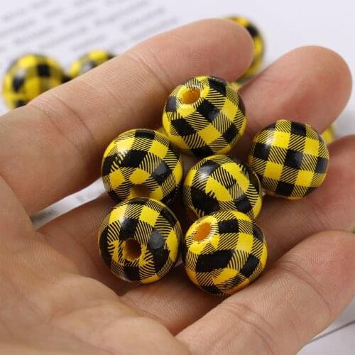 30Pcs 16mm Spacer Beads Wood Beads Big Round Plaid Printing Loose Spacer Wood Beads for DIY Jewelry Making Necklace Accessories