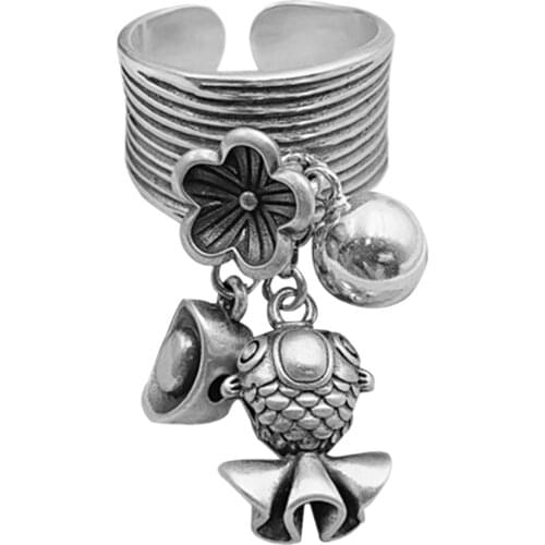 BOCAI New real S925 sterling silver retro adjustable ring for men and women wide version ingot blessing fish tassel good luck