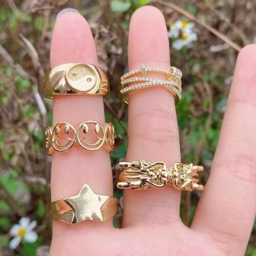 5PCS, Gothic Gold Color Smile Face Star Dragon Rings For Women Unique Geometric Bijoux Female Ring Fashion Party Gift