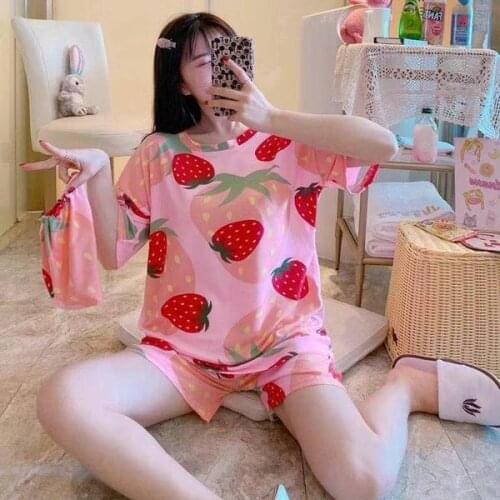 New Pajamas Suit For Womens Summer Large Loose Casual Style Cartoon Sleepwear Ladies Lovely Home Clothes Femme Two Piece Set