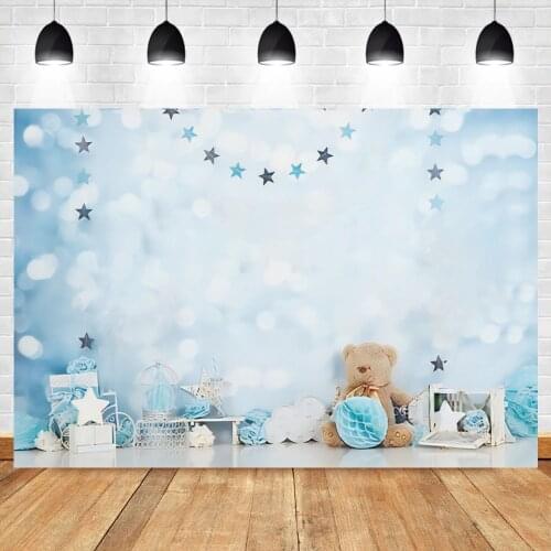 Laeacco Baby Shower Birthday Scene Blue Light Bokeh Photography Backdrop Bear Child Portrait Photocall Background Photo Studio