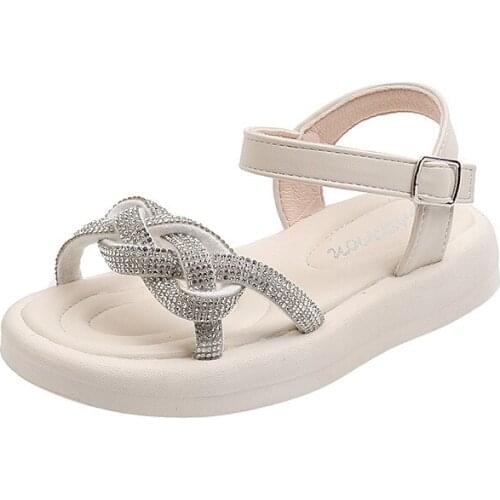 Girls 2021 Summer Soft Bottom Beach Shoes Fashion Flash Rhinestone Woven Strip Baby Princess Shoes Hot In Kids Casual Flats New